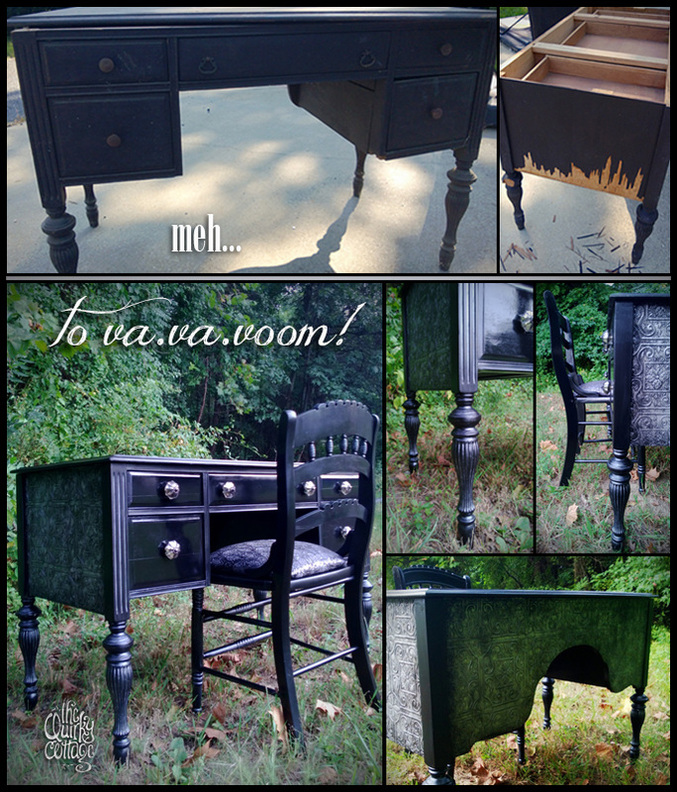 Vintage Writing Desk Makeover in Silver and Black with Faux Tin Tile detailing, curvy lines, and a bit of bling!