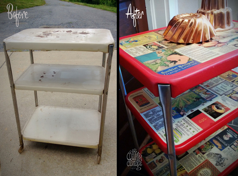 40+ images scanned from early 1900's recipe booklets adorn this one-of-a-kind vintage kitchen cart. Use it for stylish storage, as a rolling bar/buffet, or as a quirky side table. Sealed with 3 layers of spar urethane for extra durability. Definitely a conversation starter!
