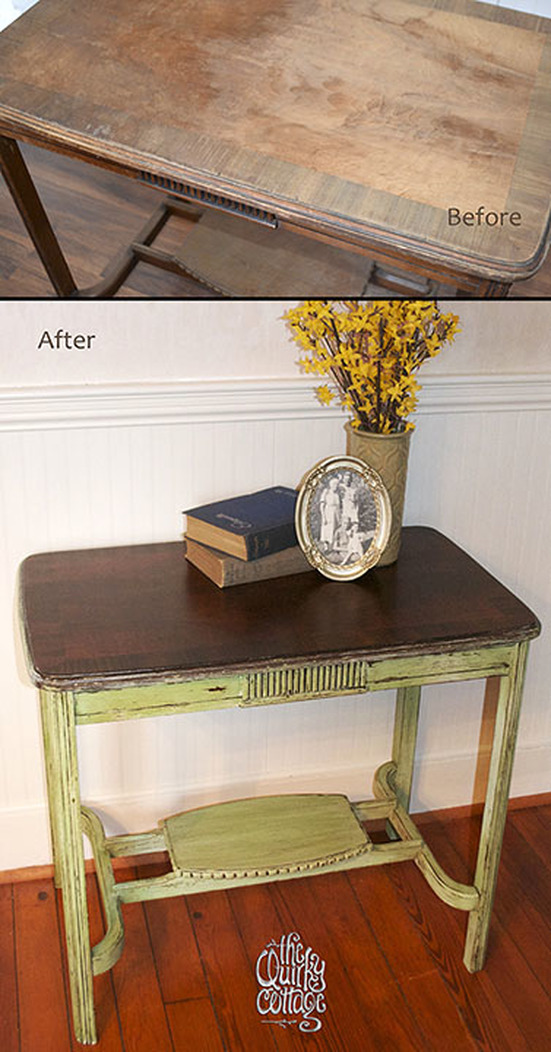 Chippy green paint hall table with beautiful stained wood top