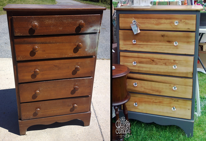 Check out this transformation! Before and after of a vintage dresser, now ready for the town with rustic wood grain and bling diamond knob accents.