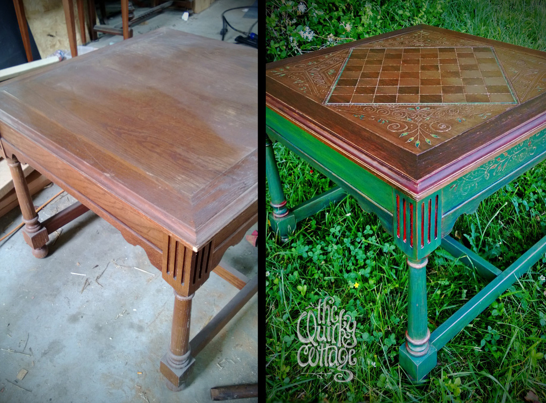 Hand carved, jewel toned, henna design inspired gypsy chess coffee table