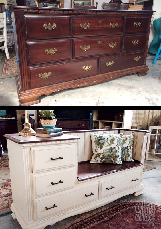 Can't believe this Before & After from The Quirky Cottage! Amazing Furniture Transformation... from dull & beat up dresser to ultimate Farmhouse Style bench with storage drawers & built in side table. Love!