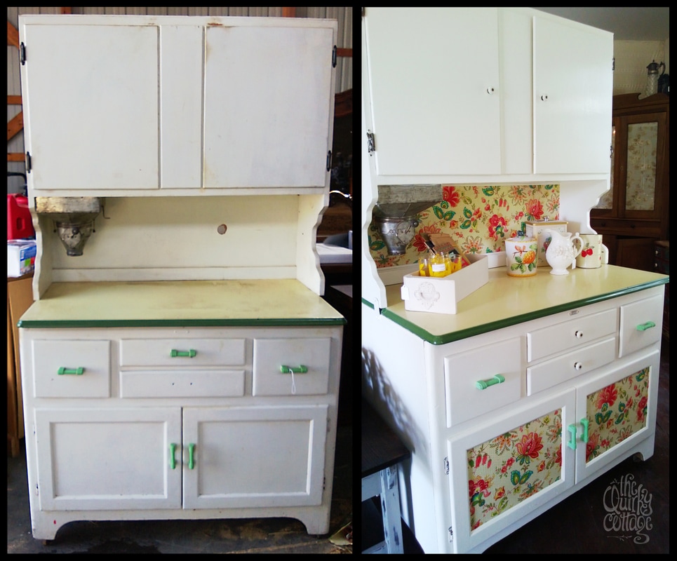 Love this vintage Hoosier style kitchen cabinet before and after shots. It's just such a happy-looking transformation!